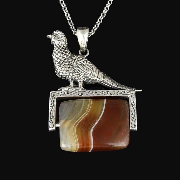 Sterling Silver Pheasant Banded Agate Spinner Fob Necklace