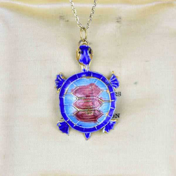 Vintage Blue Enamel Articulated Turtle Pendant Necklace - Boylerpf