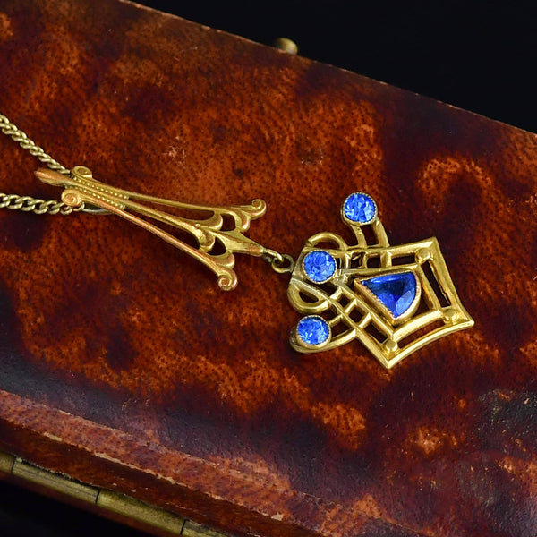 10K Gold Art Nouveau Blue Sapphire Lavalier Pendant Necklace