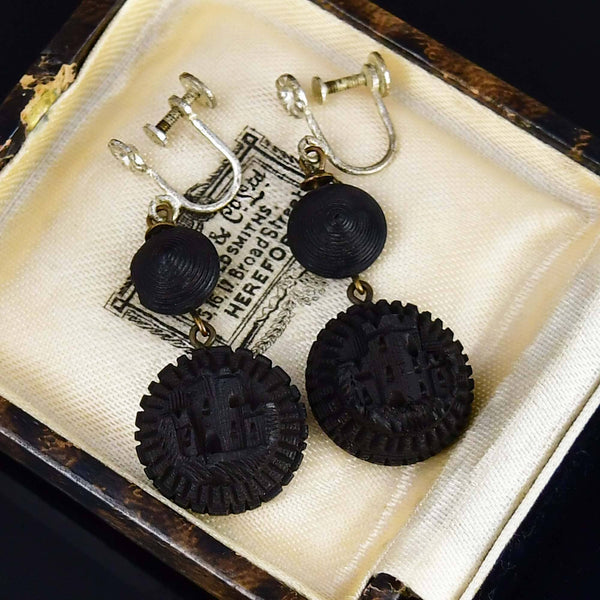 Antique Victorian Irish Bog Oak Castle Earrings - Boylerpf