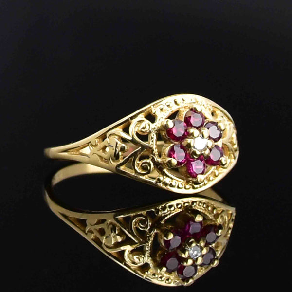 Vintage 10K Gold Diamond Ruby Cluster Statement Ring - Boylerpf