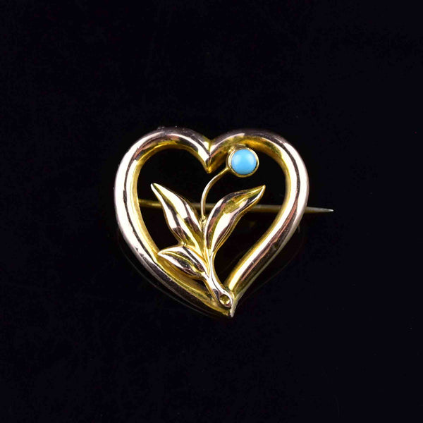 Antique Victorian Turquoise Gold Witches Heart Floral Brooch - Boylerpf