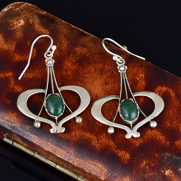 Vintage Arts & Crafts Silver Moss Agate Dangle Earrings