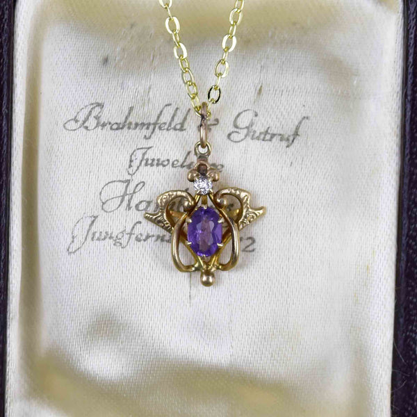 Antique Edwardian 14K Gold Diamond Amethyst Pendant Necklace - Boylerpf