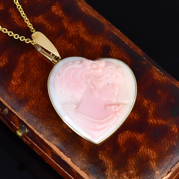 14K Gold Pink Shell Cameo Heart Enhancer Pendant Necklace