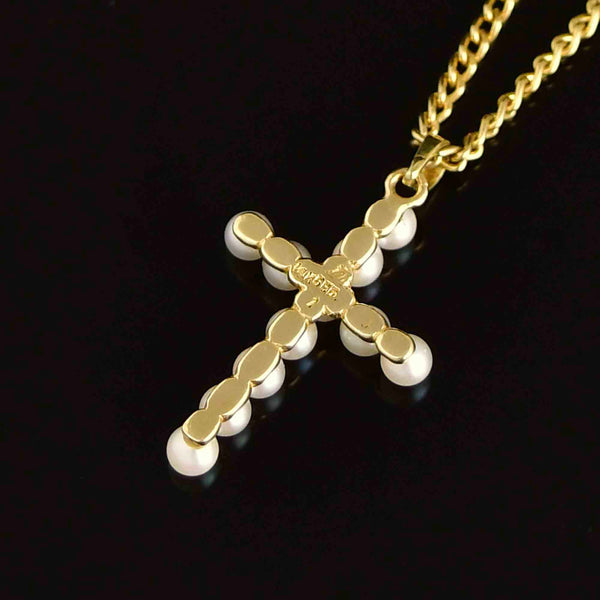 14K Gold Cultured Pearl Cross Charm Pendant Necklace - Boylerpf