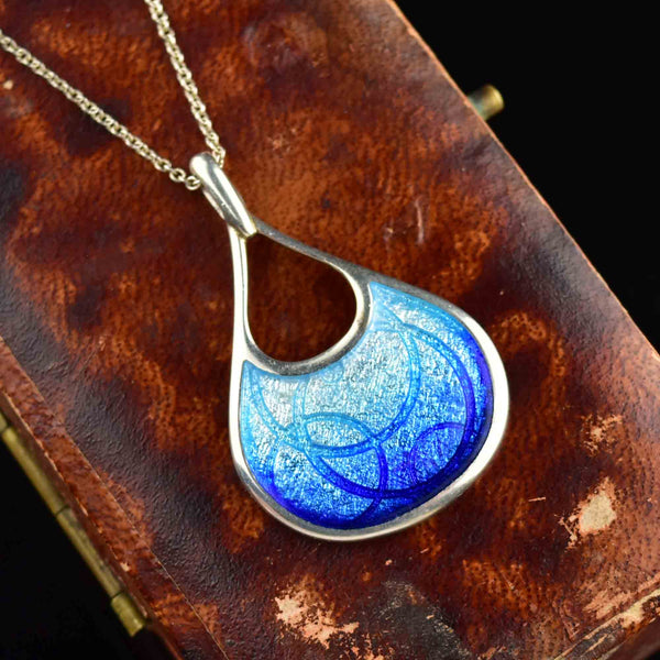 Silver Blue Guilloche Enamel Art Nouveau Style Pendant Necklace - Boylerpf