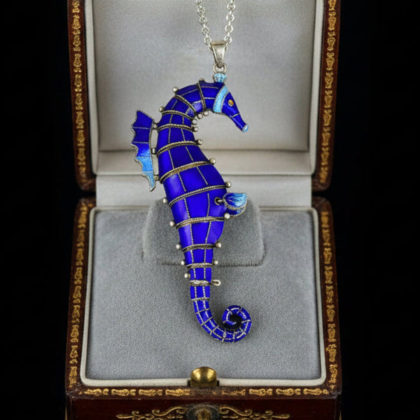 Vintage Articulated Enamel Seahorse Pendant Necklace - Boylerpf