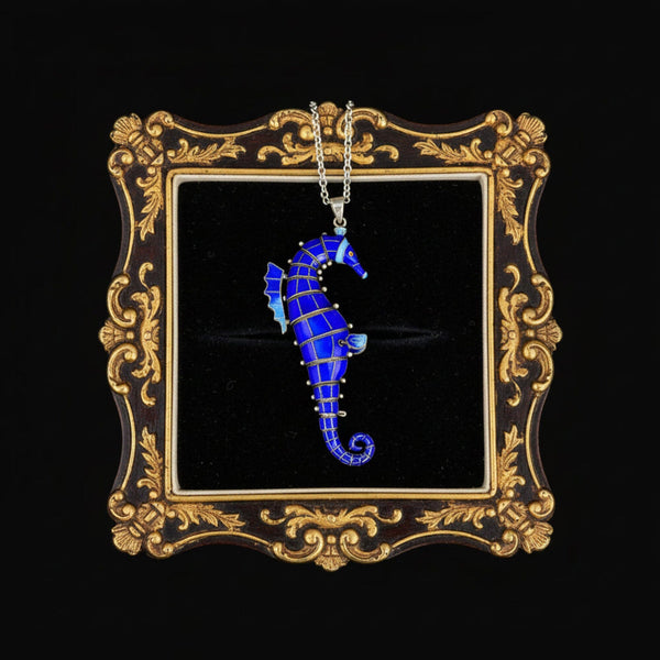 Vintage Articulated Enamel Seahorse Pendant Necklace - Boylerpf