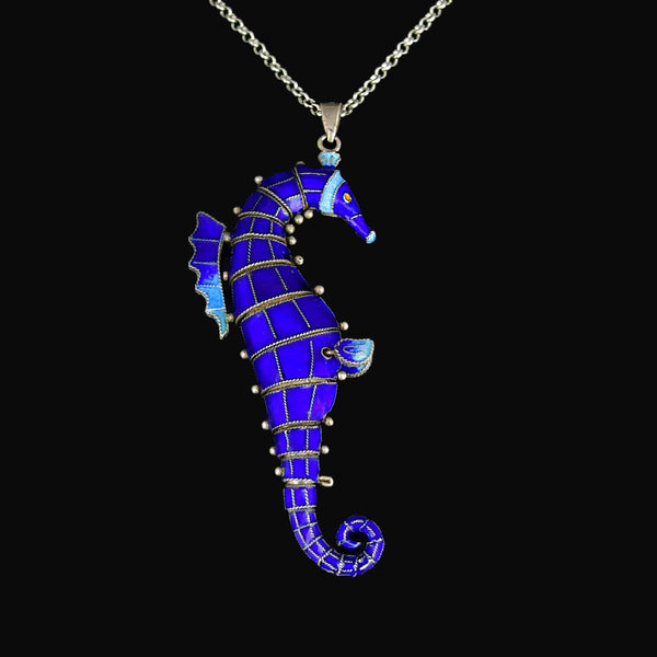 Vintage Articulated Enamel Seahorse Pendant Necklace - Boylerpf