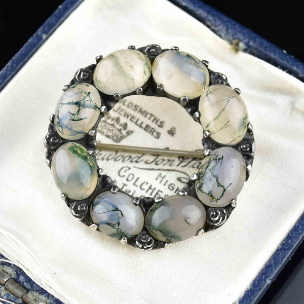 Vintage Arts and Crafts Silver Moss Agate Brooch - Boylerpf