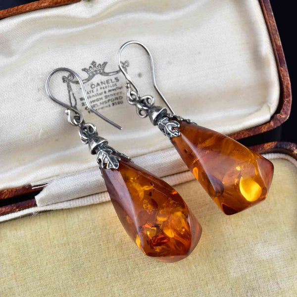 Art Nouveau Style Large Silver Baltic Amber Earrings - Boylerpf