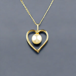 Vintage 14K Gold Pearl Open Heart Pendant Necklace - Boylerpf