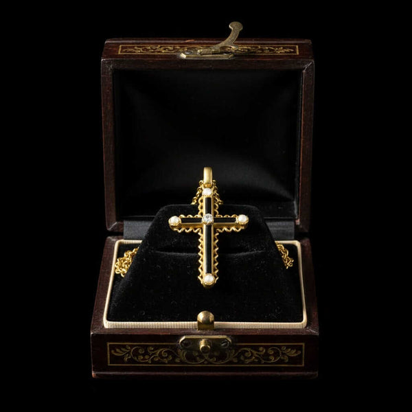 Antique 18K Gold Diamond Pearl Enamel Cross Pendant Necklace - Boylerpf