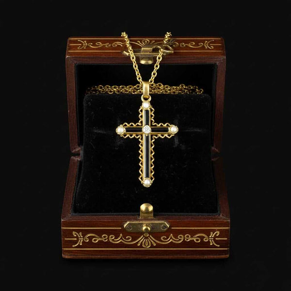 Antique 18K Gold Diamond Pearl Enamel Cross Pendant Necklace - Boylerpf
