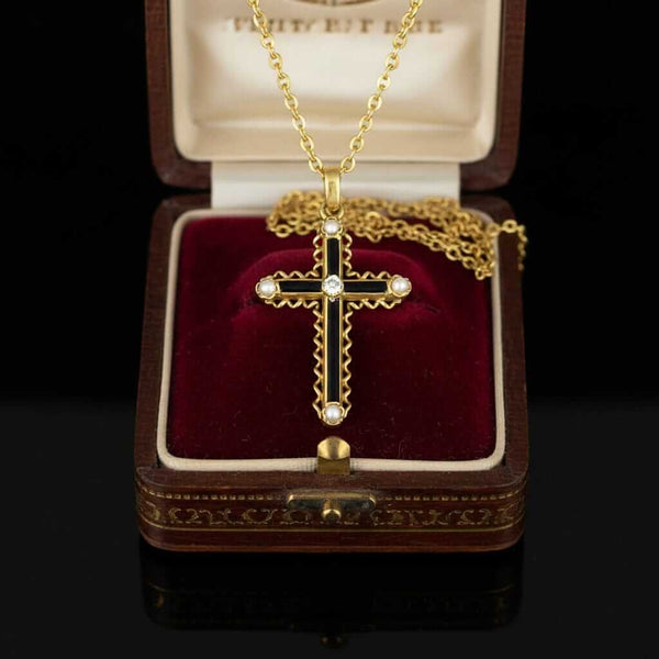 Antique 18K Gold Diamond Pearl Enamel Cross Pendant Necklace - Boylerpf