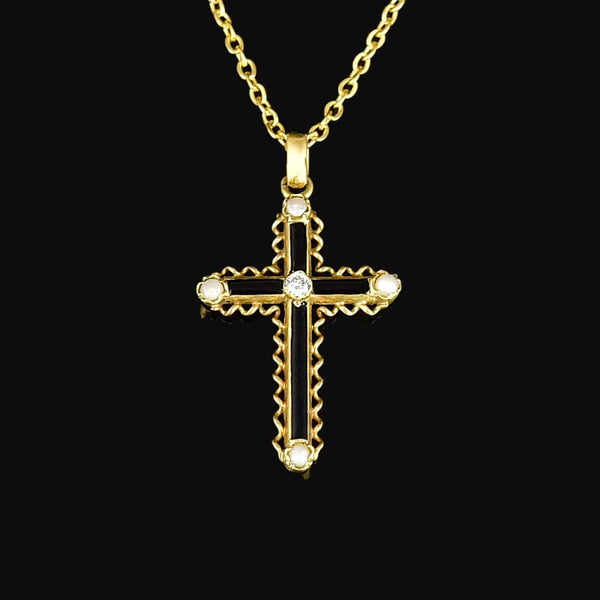 Antique 18K Gold Diamond Pearl Enamel Cross Pendant Necklace - Boylerpf