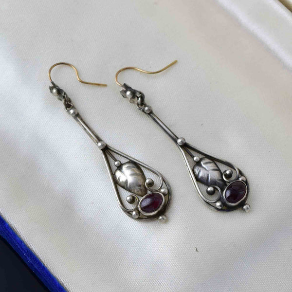 Vintage Arts and Crafts Silver Garnet Cabochon Earrings - Boylerpf