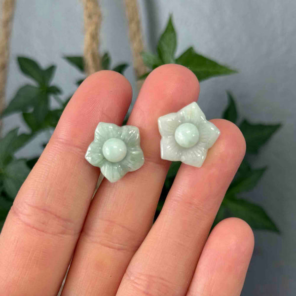 14K Gold Carved Moss in Snow Jade Lotus Flower Jacket Earrings - Boylerpf