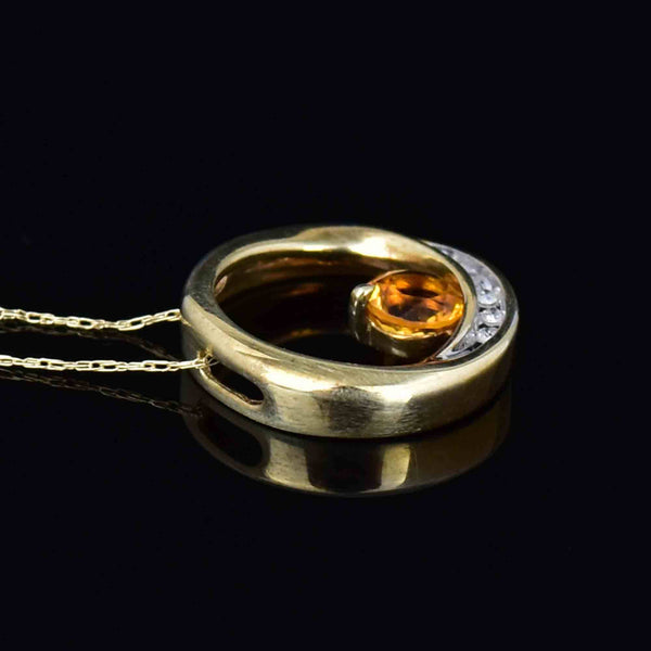 Vintage 10K Gold Diamond Citrine Circular Slider Pendant Necklace - Boylerpf