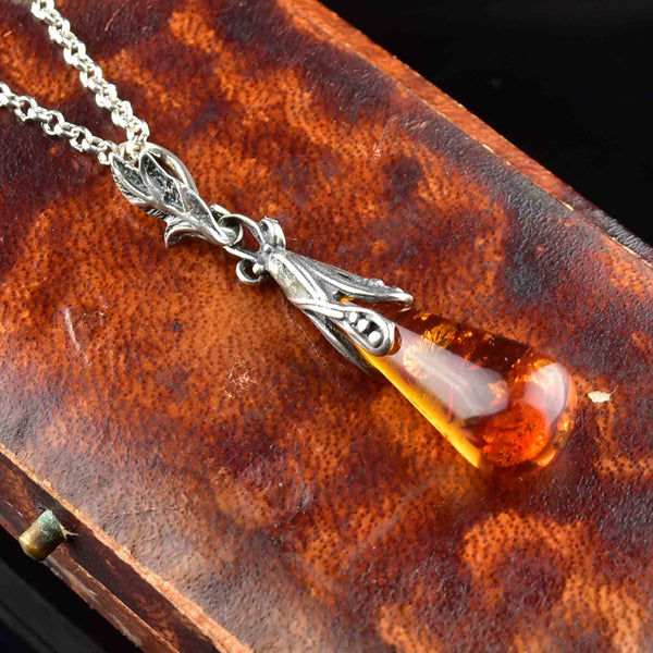 Vintage Silver Baltic Amber Pendant Necklace - Boylerpf