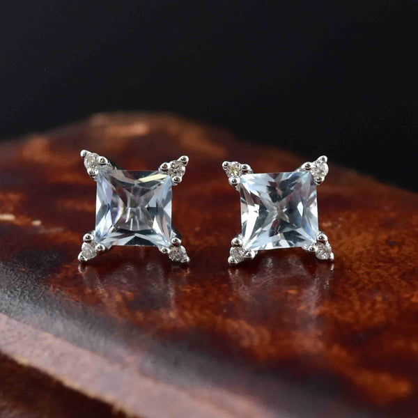 14K White Gold Diamond Princess Cut Aquamarine Stud Earrings - Boylerpf