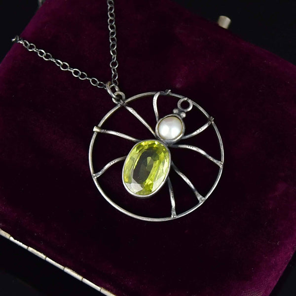 Antique Sterling Silver Peridot Pearl Spider Necklace