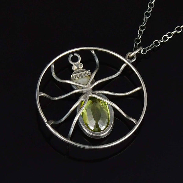 Antique Sterling Silver Peridot Pearl Spider Necklace