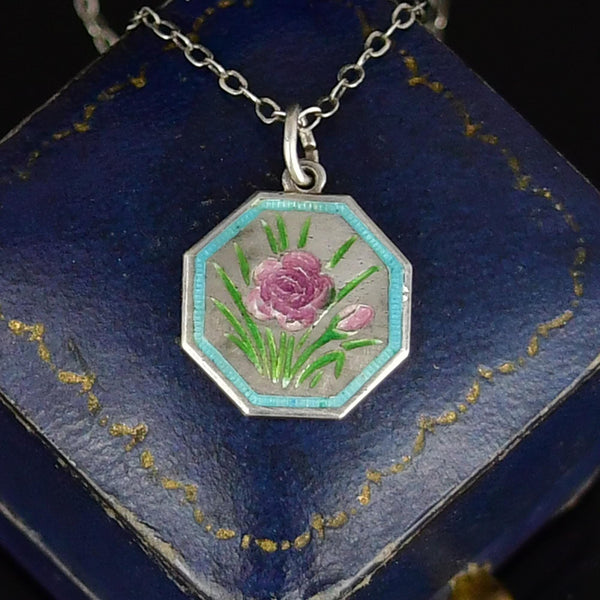 Antique Sterling Silver Enamel Flower Thomas L Mott Necklace