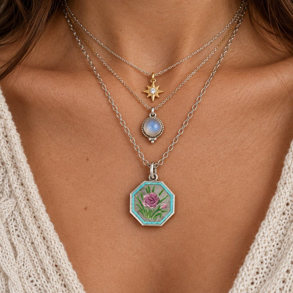 Antique Sterling Silver Enamel Flower Thomas L Mott Necklace