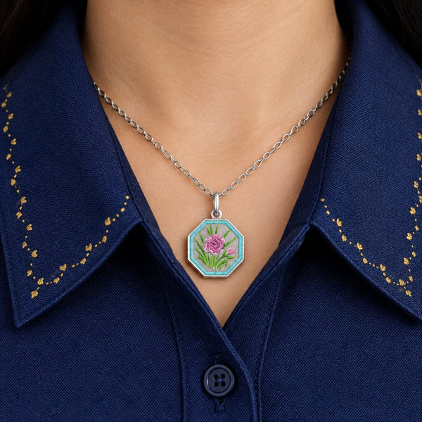 Antique Sterling Silver Enamel Flower Thomas L Mott Necklace