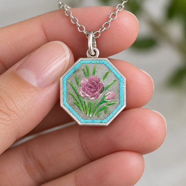 Antique Sterling Silver Enamel Flower Thomas L Mott Necklace