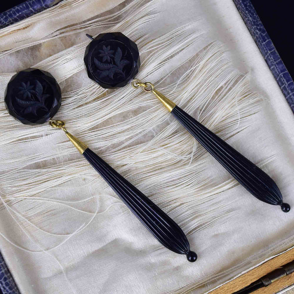 Antique Carved Whitby Jet French Jet Mourning Drop Earrings - Boylerpf