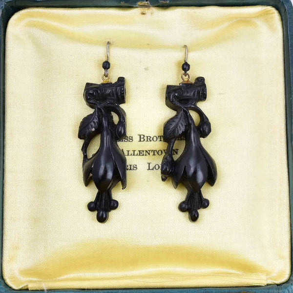 Antique Victorian Whitby Jet Snowdrop Dangle Earrings - Boylerpf