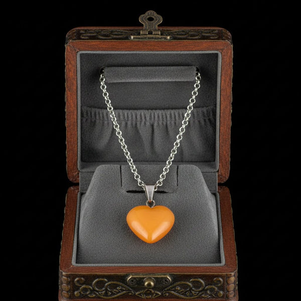 Vintage Sterling Silver Butterscotch Amber Heart Charm Necklace - Boylerpf