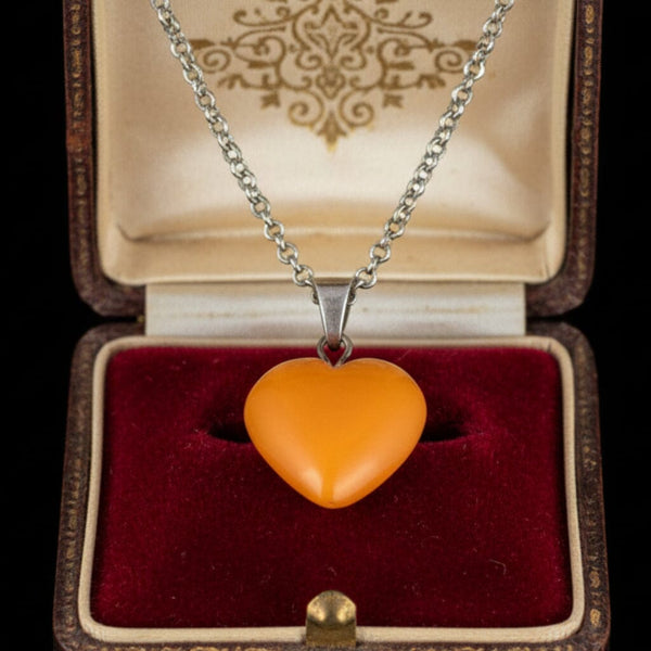 Vintage Sterling Silver Butterscotch Amber Heart Charm Necklace - Boylerpf