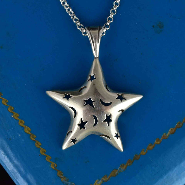 Vintage Sterling Silver Large Stars and Moons Cutout Pendant Necklace - Boylerpf