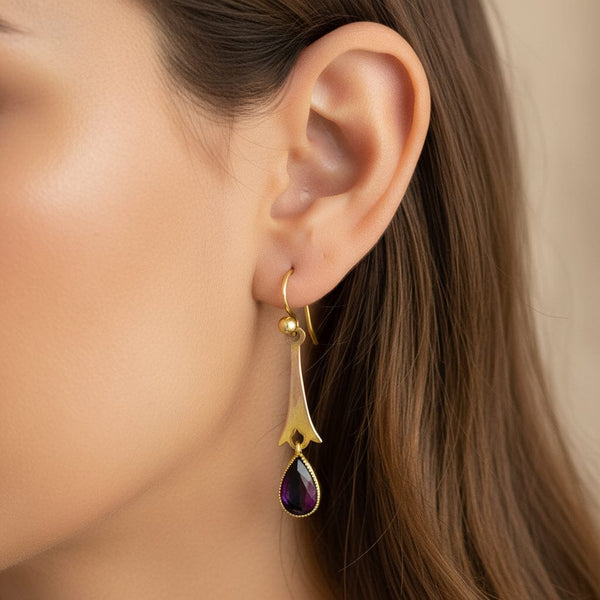 Antique Edwardian Gold Pear Cut Amethyst Drop Earrings - Boylerpf