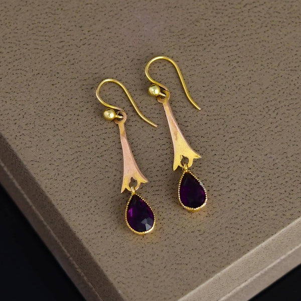 Antique Edwardian Gold Pear Cut Amethyst Drop Earrings - Boylerpf