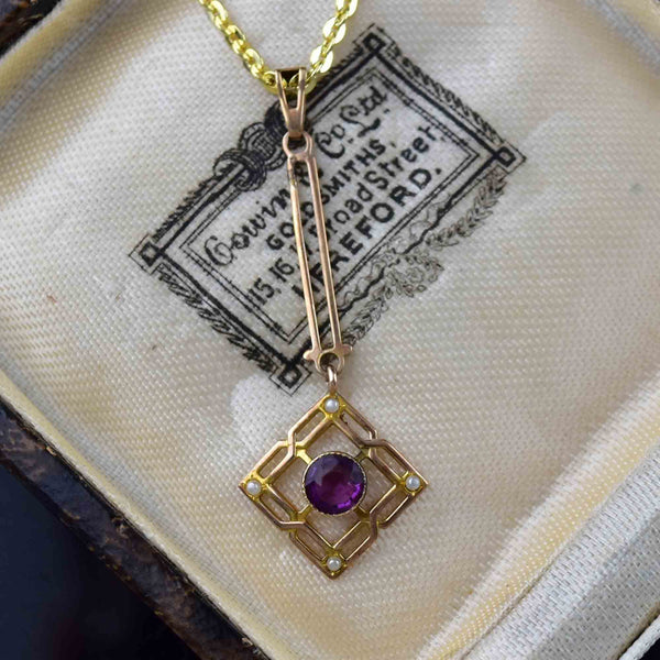 Art Nouveau 10K Gold Pearl Amethyst Lavaliere Pendant Necklace - Boylerpf