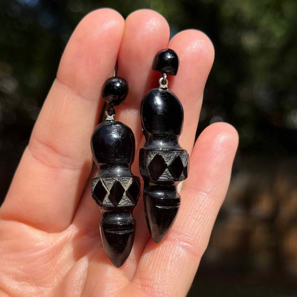 Antique Victorian Carved Whitby Jet Chandelier Earrings - Boylerpf