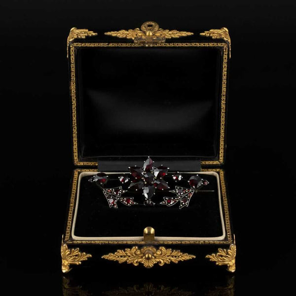 Antique Victorian Rose Cut Garnet Floral Leaf Brooch - Boylerpf