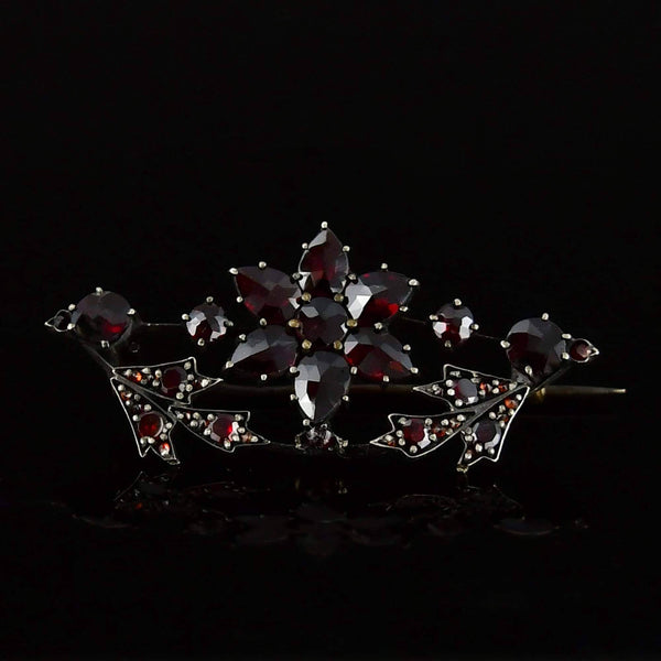 Antique Victorian Rose Cut Garnet Floral Leaf Brooch - Boylerpf