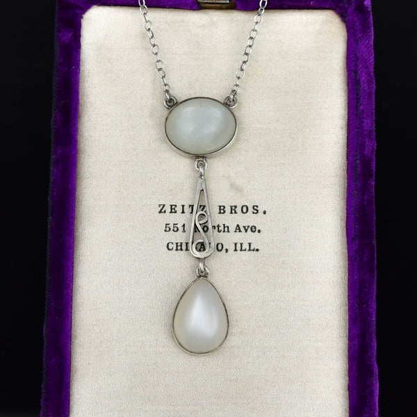 Vintage Art Deco Moonstone Sterling Silver Necklace - Boylerpf