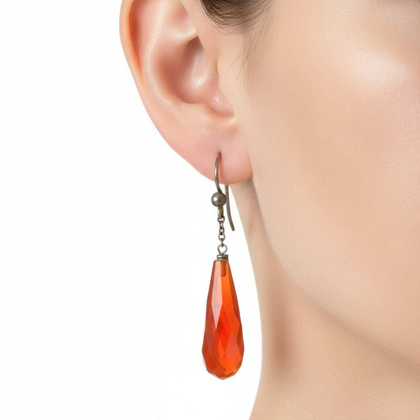 Edwardian Silver Faceted Carnelian Drop Earrings