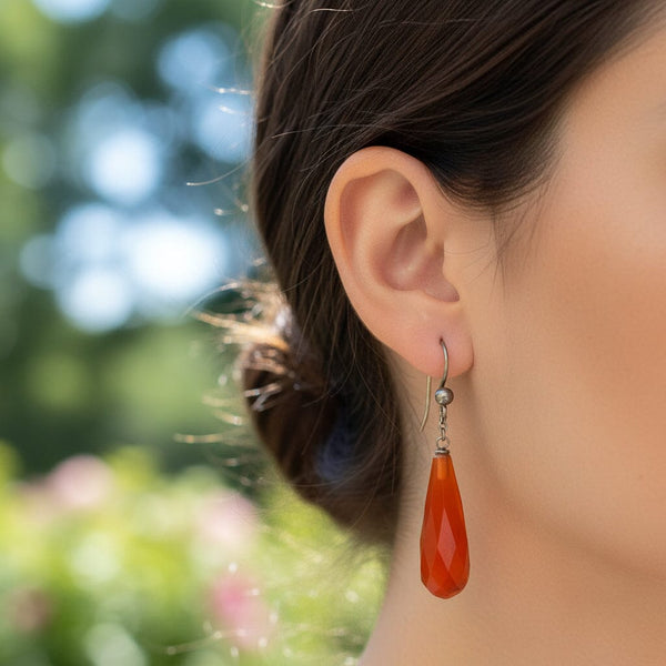 Edwardian Silver Faceted Carnelian Drop Earrings