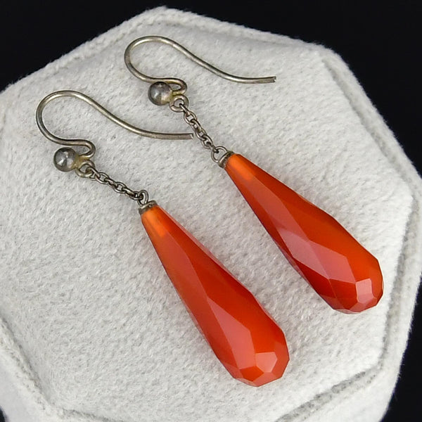 Edwardian Silver Faceted Carnelian Drop Earrings