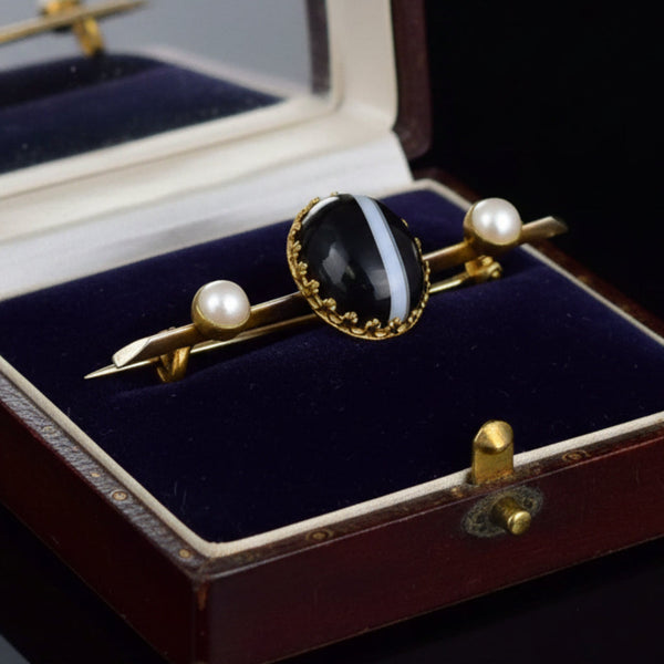 Antique Victorian Banded Agate Pearl Brooch