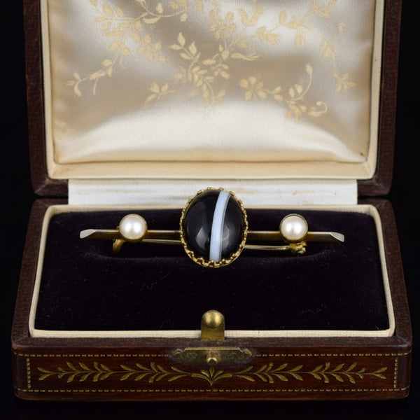 Antique Victorian Banded Agate Pearl Brooch