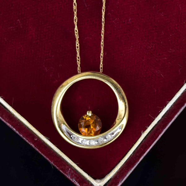 Vintage 10K Gold Diamond Citrine Circular Slider Pendant Necklace - Boylerpf